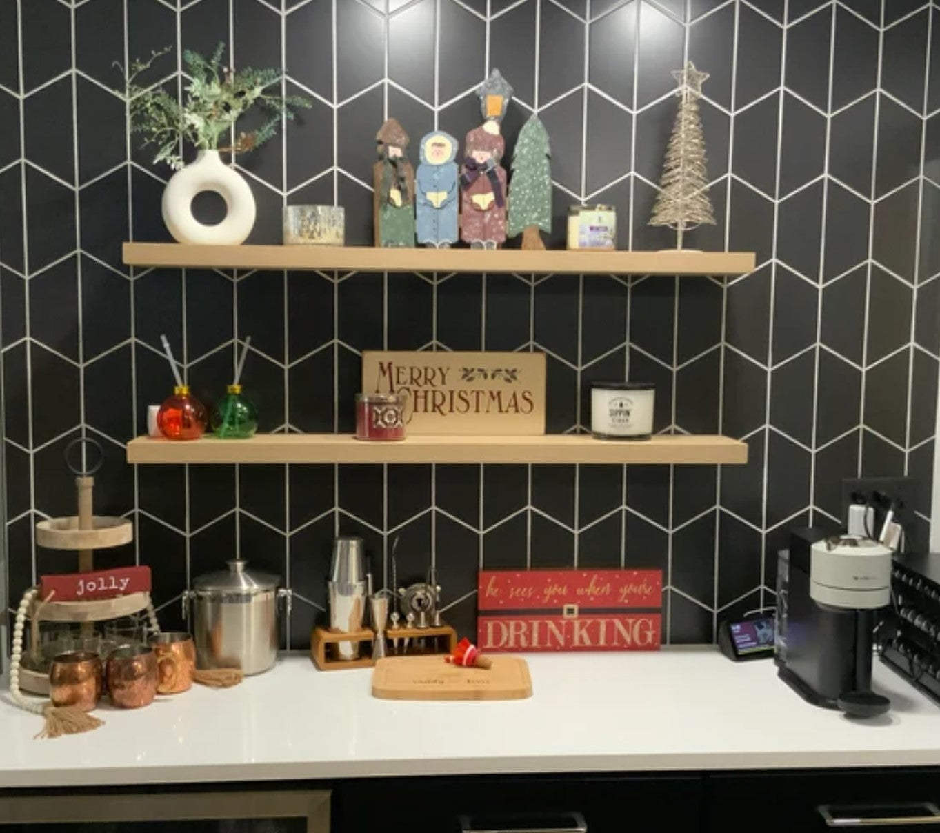 decorate floating shelves for Christmas 