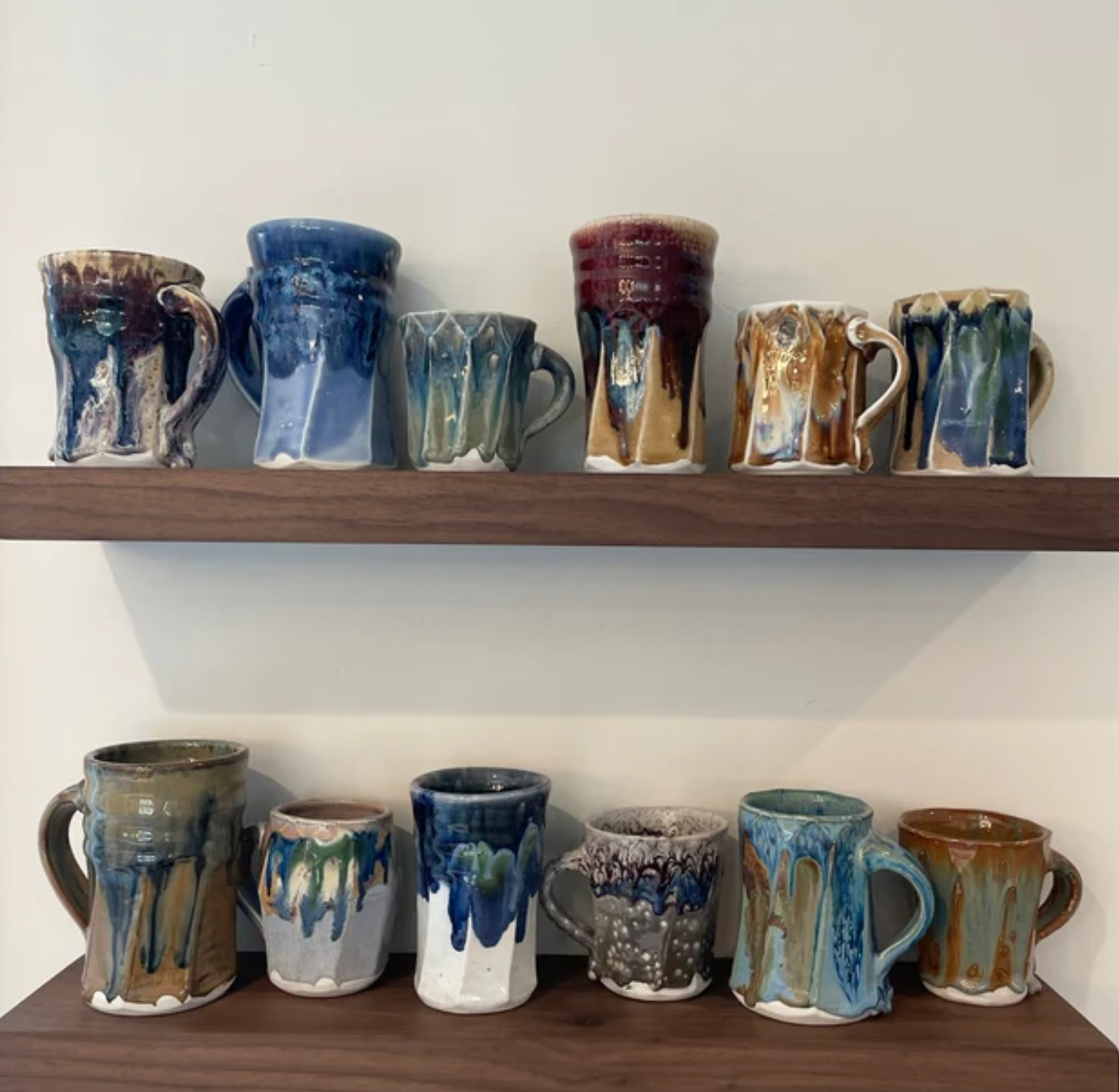 coffee mugs on floating shelves 