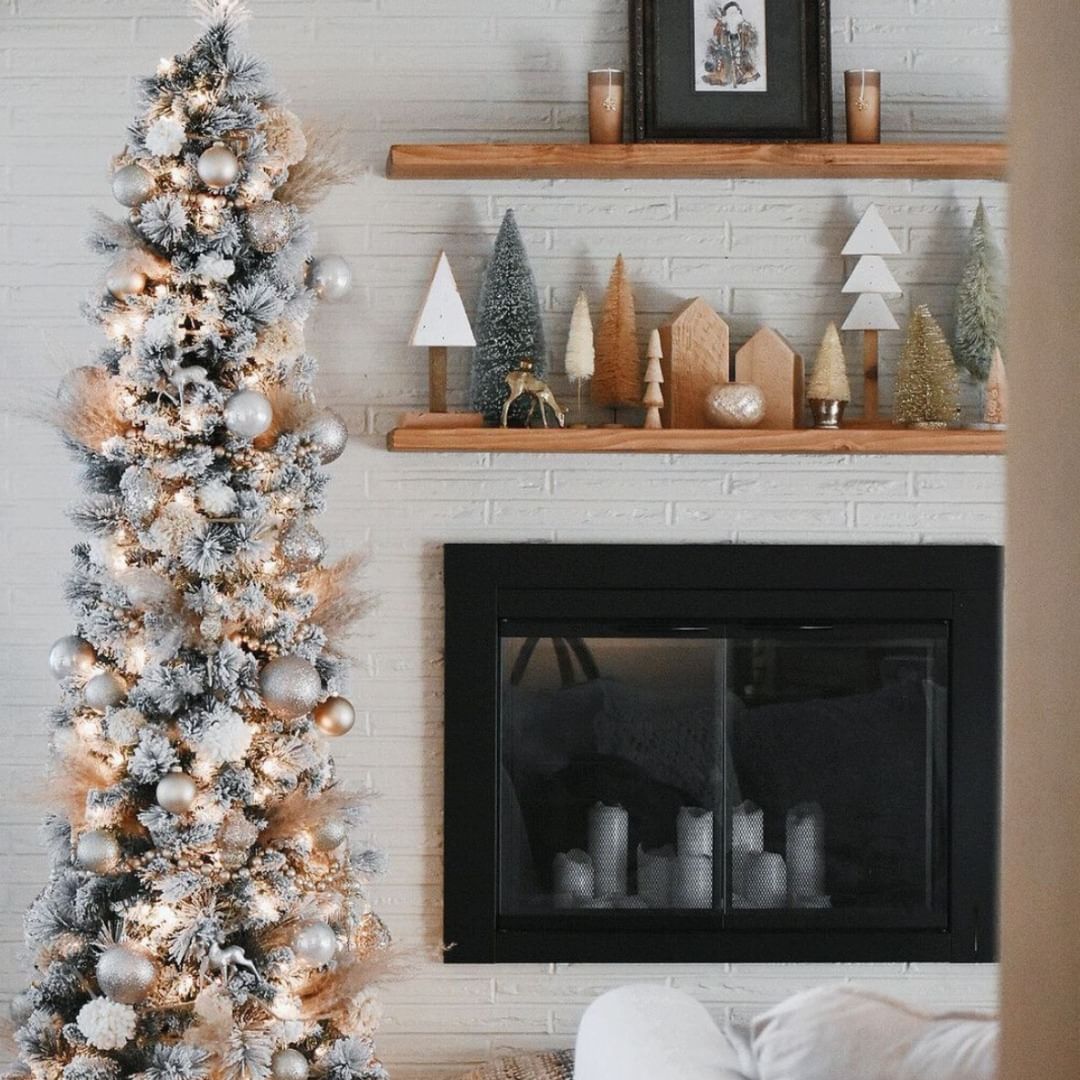floating shelves decorated for christmas