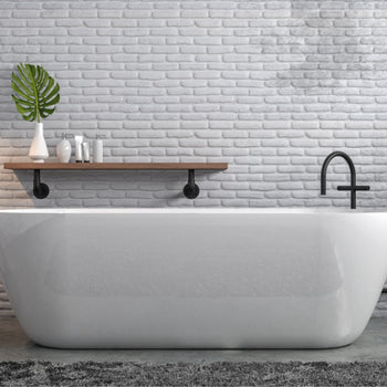 a modern bathroom with a white standalone bathtub, a pipe shelf is near the tub