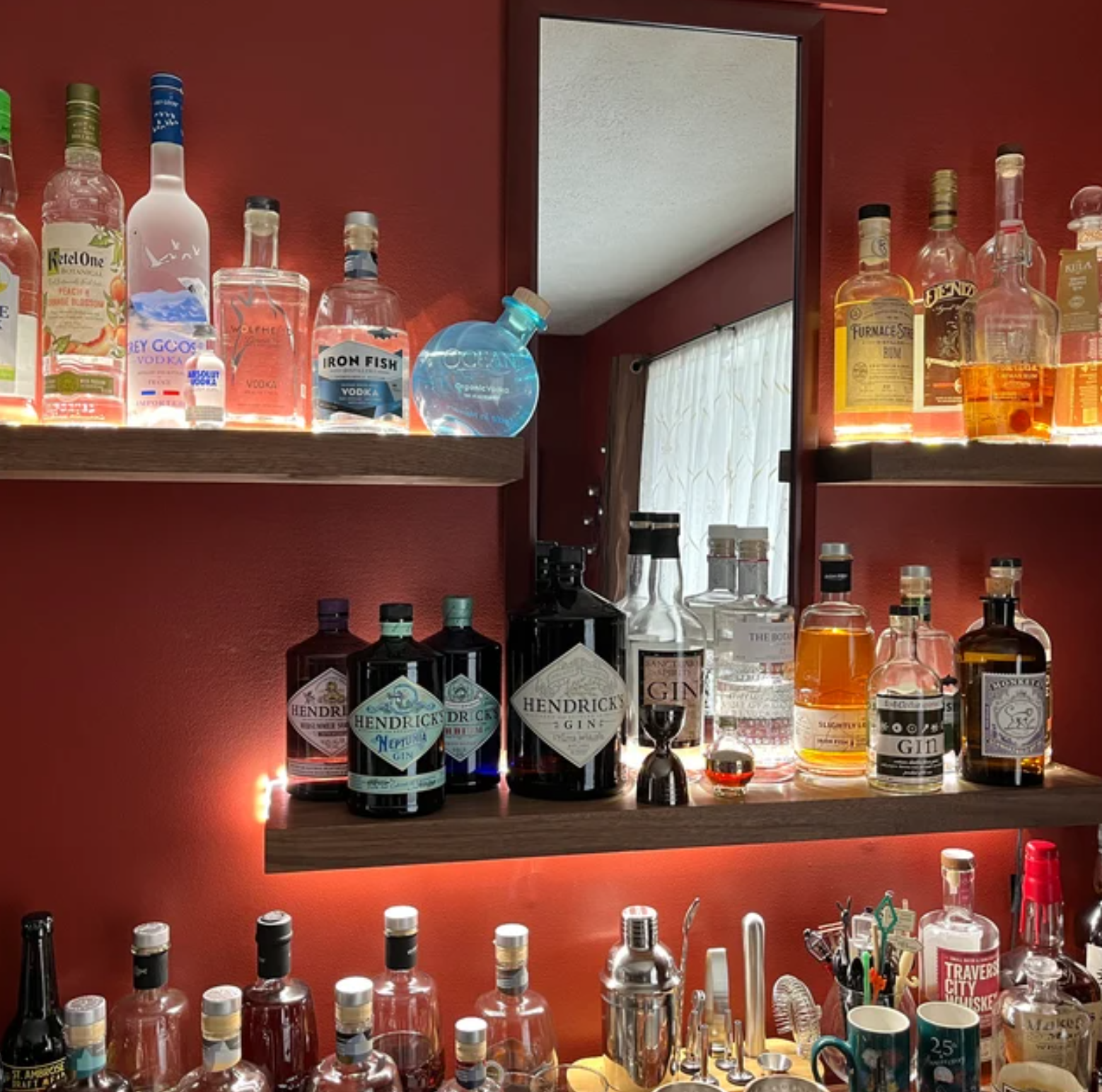 liquor on lighted floating shelves 