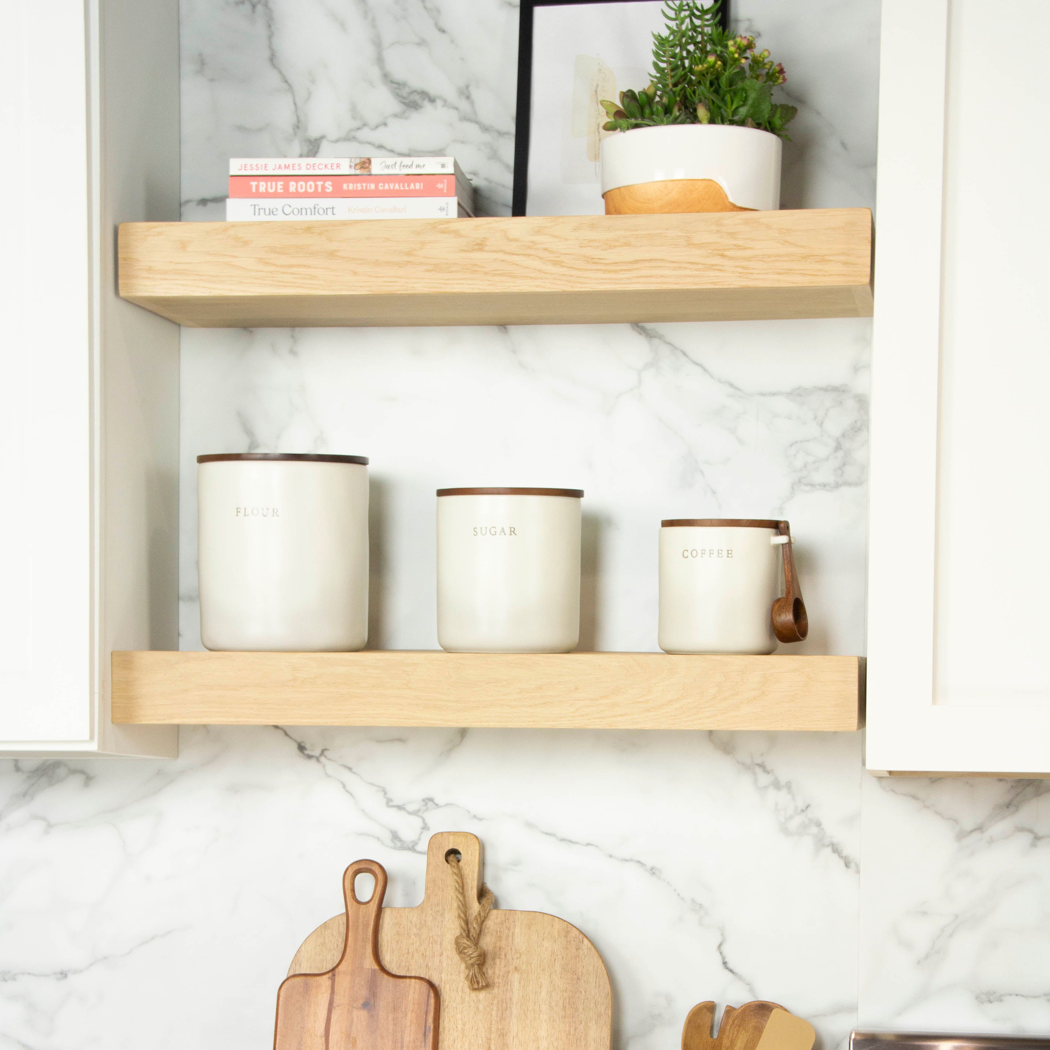White Oak 3 Inch Thick Floating Shelves With  Canisters