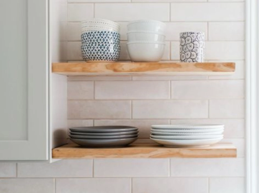 Pine Floating Shelves With Bowls and Plates
