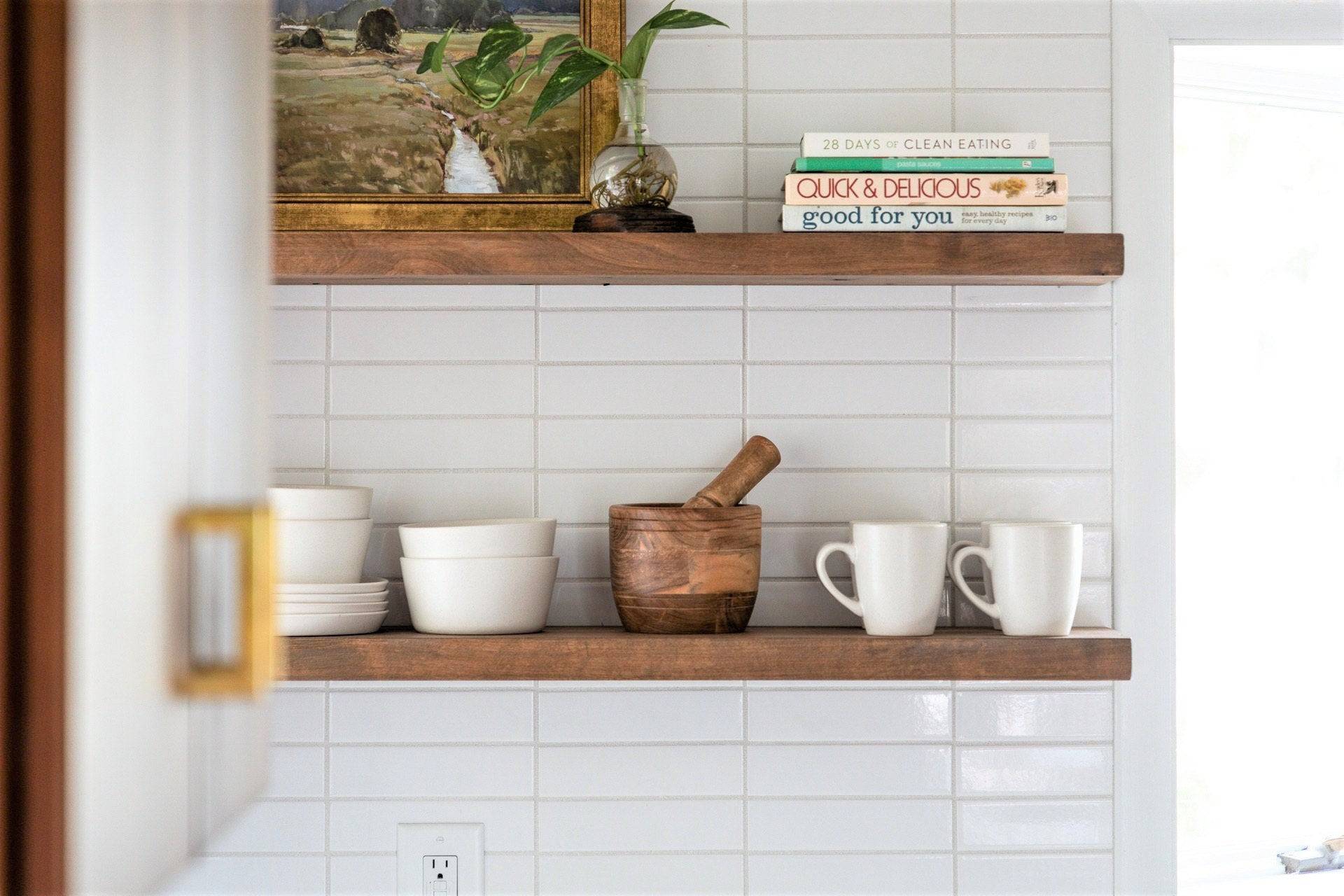 Superior Alder Floating Shelves With Bowls and Cups